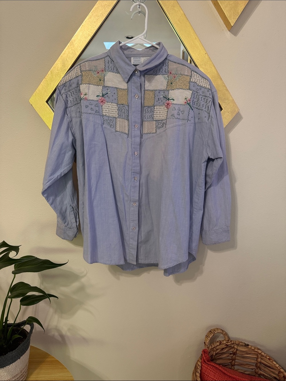 Vintage 90s Mystic Blues Embroidered Patchwork Button Up Shirt Cottagecore